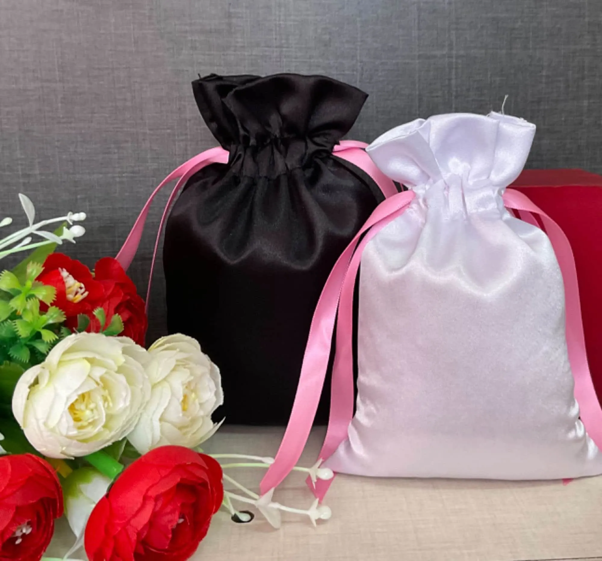 White Satin Bag, Black Satin Bag with Pink Satin Ribbon in various Bag sizes - 3x4, 3x5, 4x6, 5x7, 6x8, 8x10, 10x12, 12x14, 12x16 in inches