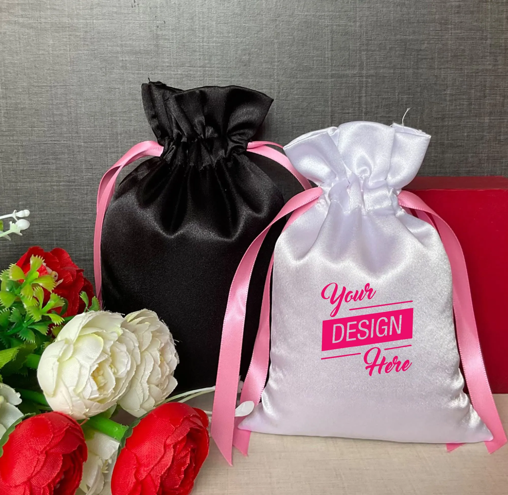 White Satin Bag, Black Satin Bag with Pink Satin Ribbon in various Bag sizes - 3x4, 3x5, 4x6, 5x7, 6x8, 8x10, 10x12, 12x14, 12x16 in inches