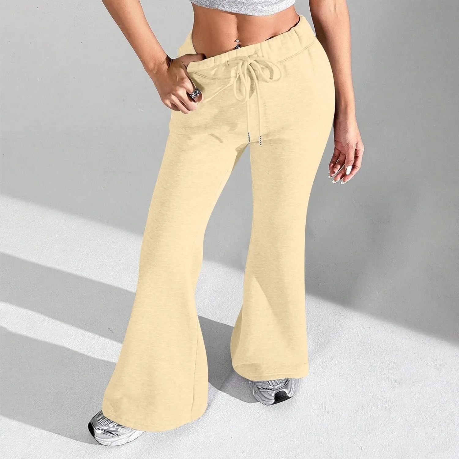 Wide Leg Flare Pants Women High Waisted Drawstring Sweatpants Elastic Casual Baggy Lounge Pants with Pockets