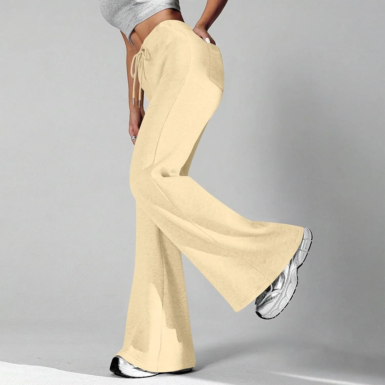 Wide Leg Flare Pants Women High Waisted Drawstring Sweatpants Elastic Casual Baggy Lounge Pants with Pockets