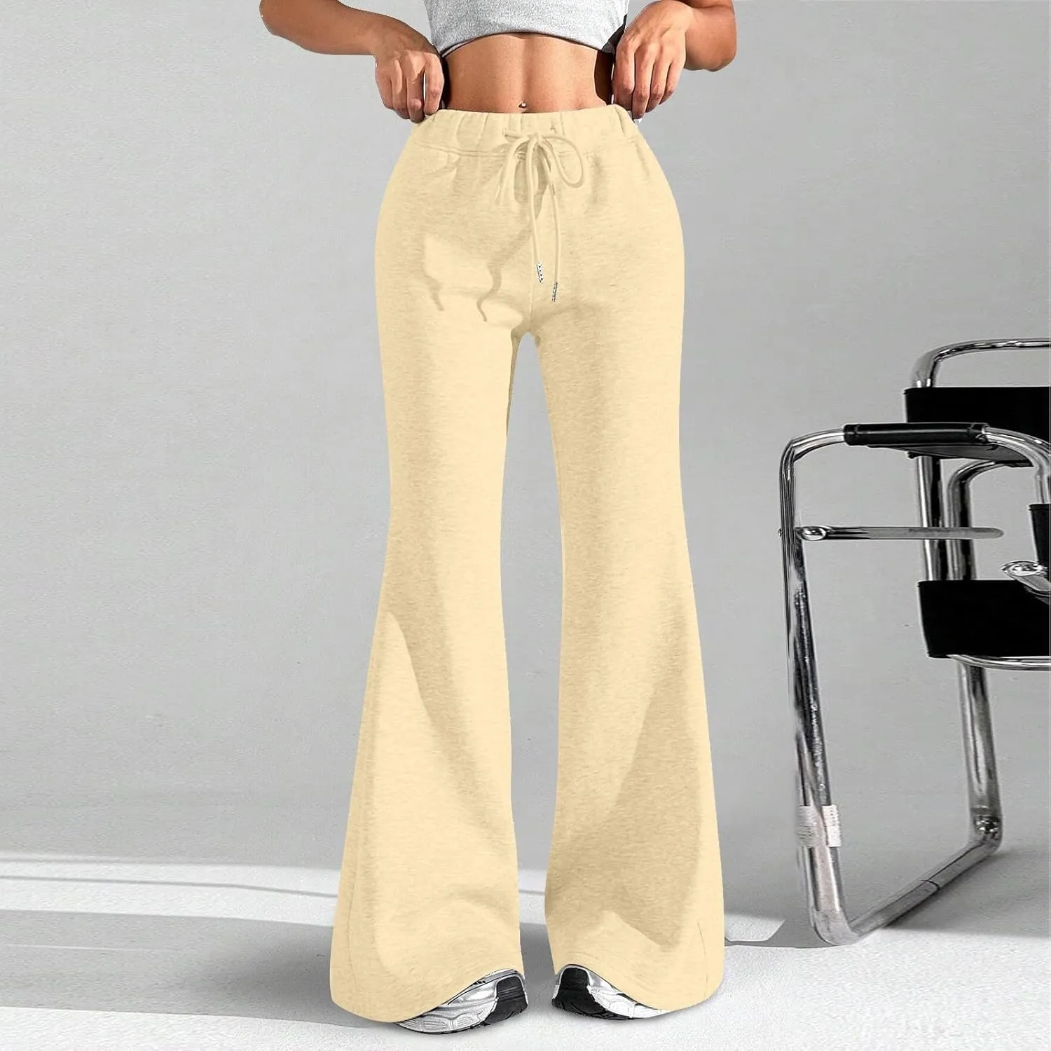 Wide Leg Flare Pants Women High Waisted Drawstring Sweatpants Elastic Casual Baggy Lounge Pants with Pockets