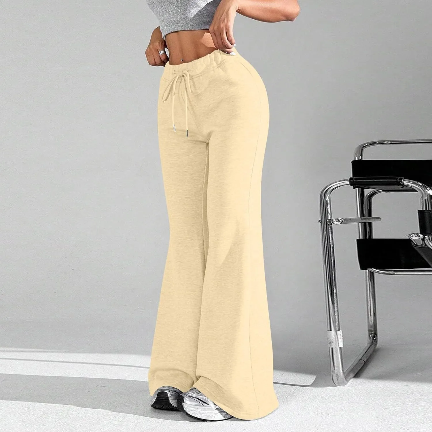 Wide Leg Flare Pants Women High Waisted Drawstring Sweatpants Elastic Casual Baggy Lounge Pants with Pockets