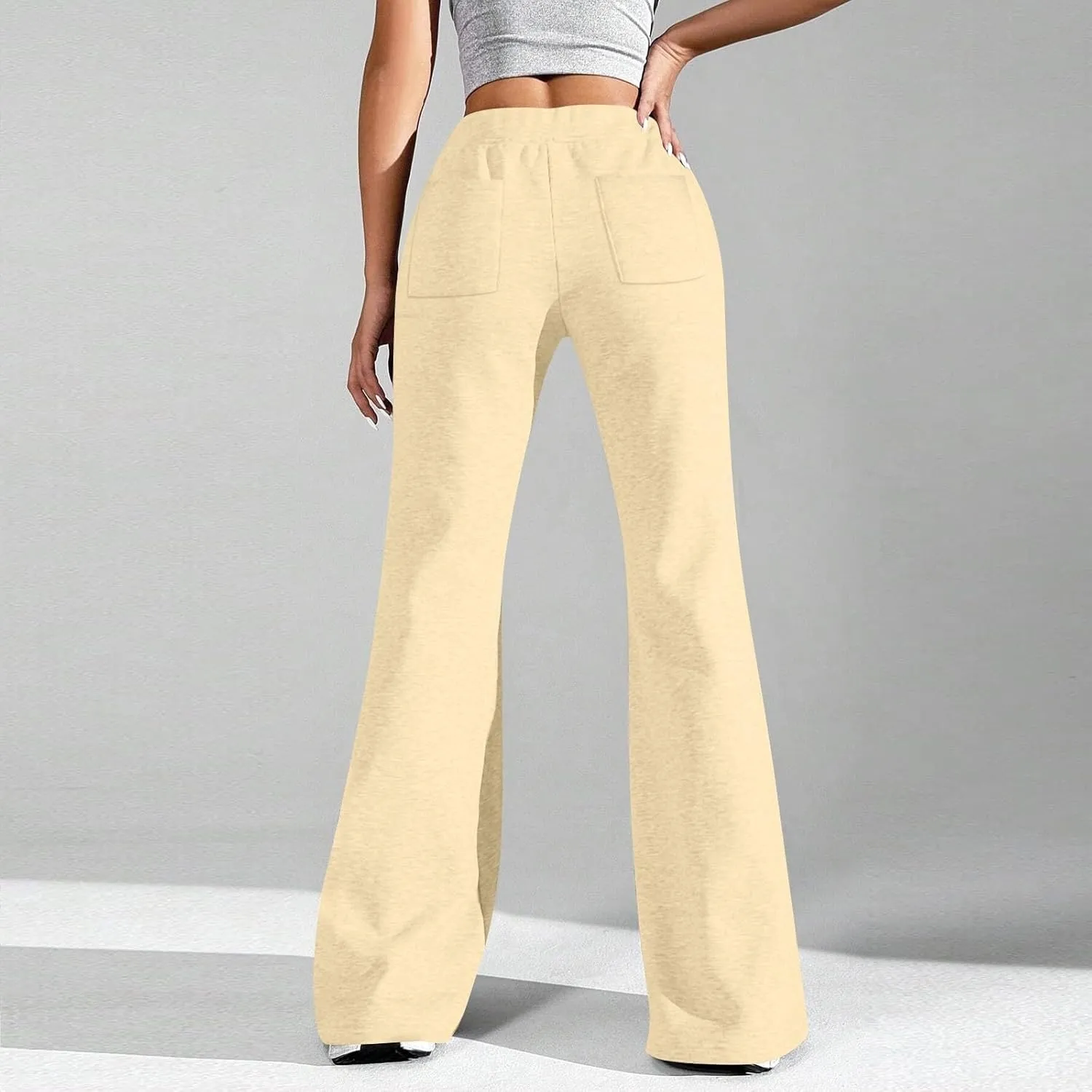 Wide Leg Flare Pants Women High Waisted Drawstring Sweatpants Elastic Casual Baggy Lounge Pants with Pockets
