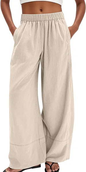 Wide Leg Linen Pants for Women Baggy Elastic High Waist Palazzo Pants Casual Summer Flowy Beach Trousers with Pockets