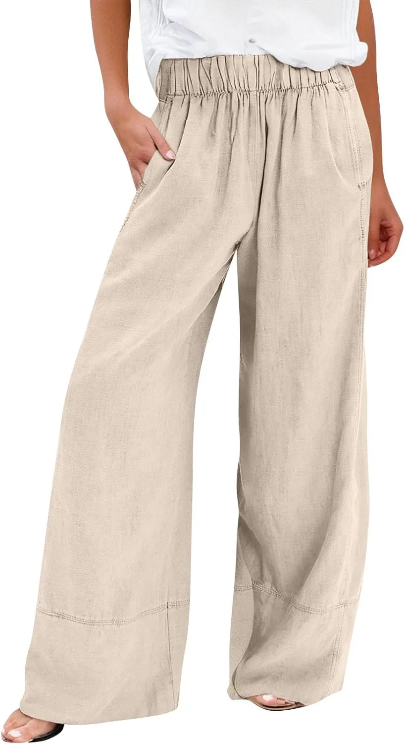 Wide Leg Linen Pants for Women Baggy Elastic High Waist Palazzo Pants Casual Summer Flowy Beach Trousers with Pockets