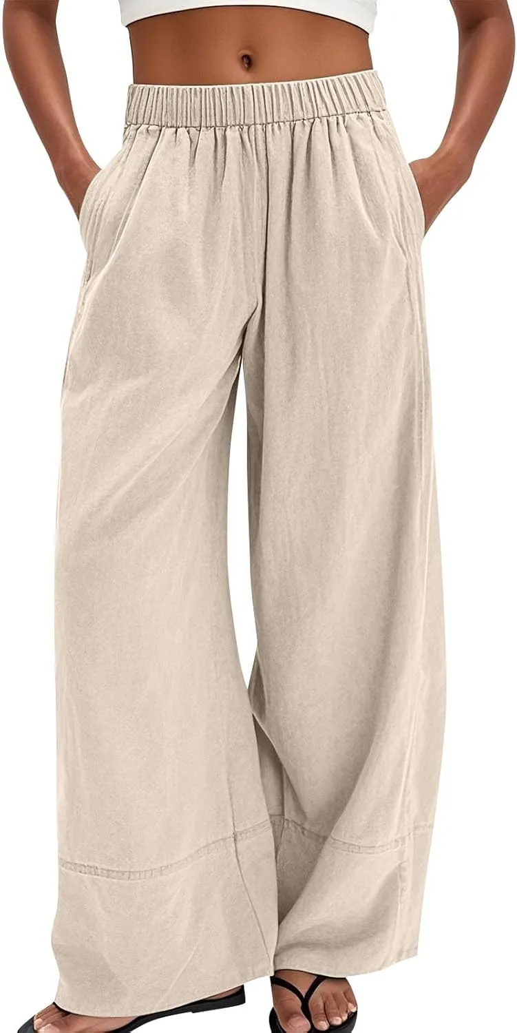 Wide Leg Linen Pants for Women Baggy Elastic High Waist Palazzo Pants Casual Summer Flowy Beach Trousers with Pockets