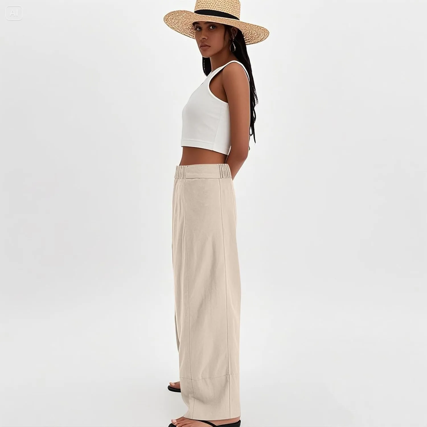 Wide Leg Linen Pants for Women Baggy Elastic High Waist Palazzo Pants Casual Summer Flowy Beach Trousers with Pockets