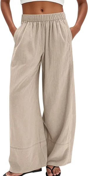 Wide Leg Linen Pants for Women Lightweight Summer Baggy Elastic High Waisted Palazzo Lounge Pants with Pockets