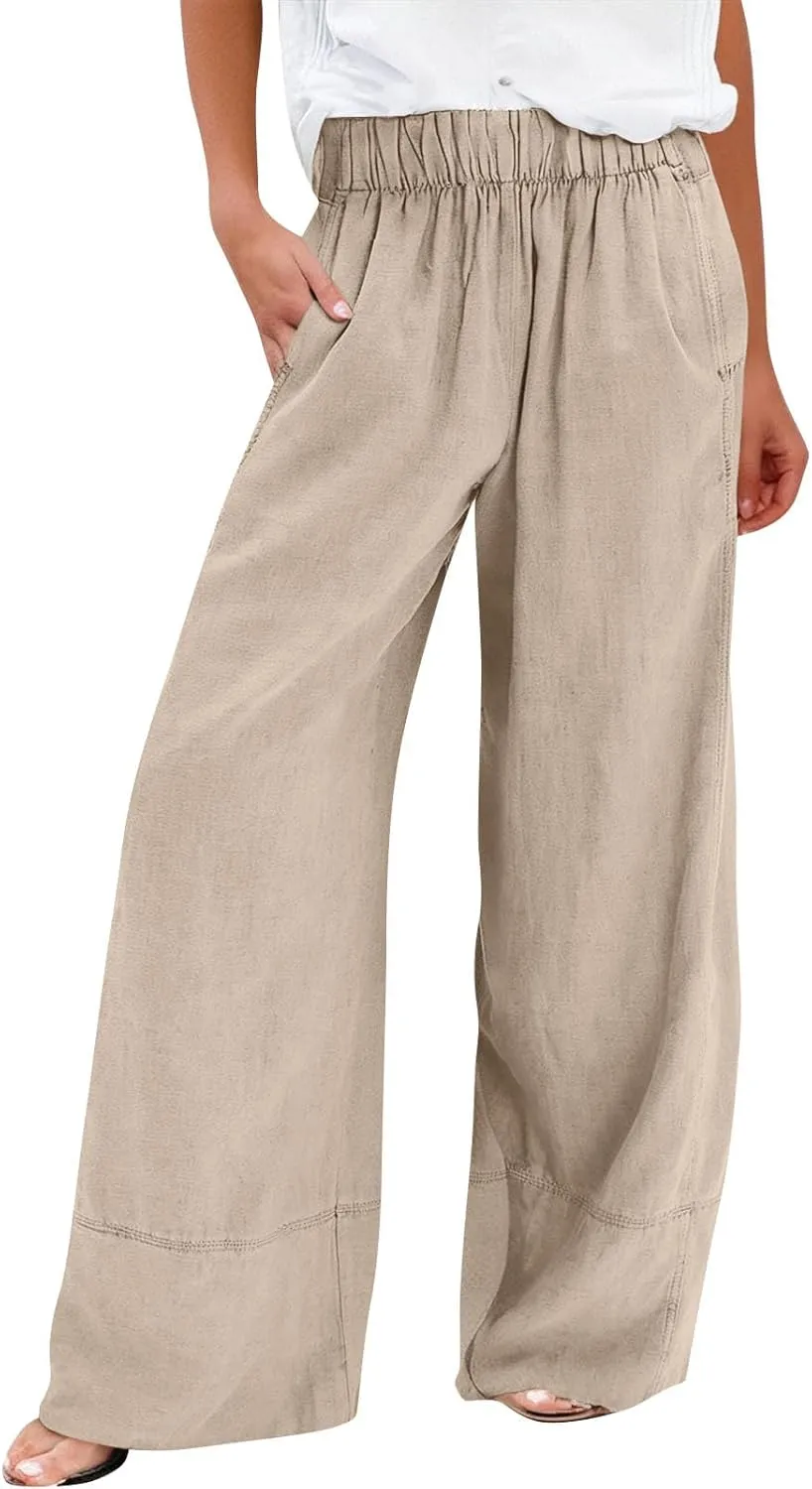 Wide Leg Linen Pants for Women Lightweight Summer Baggy Elastic High Waisted Palazzo Lounge Pants with Pockets