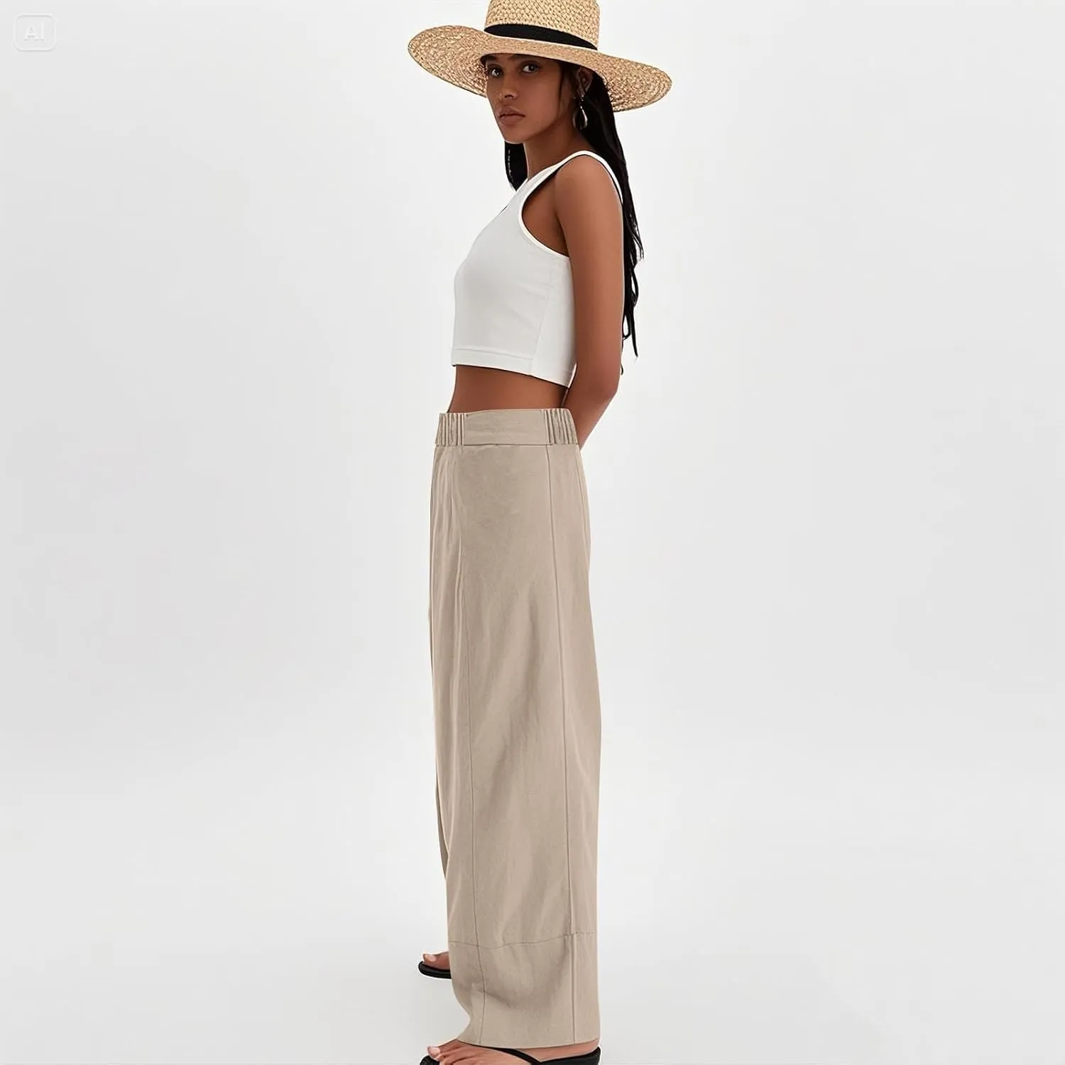 Wide Leg Linen Pants for Women Lightweight Summer Baggy Elastic High Waisted Palazzo Lounge Pants with Pockets