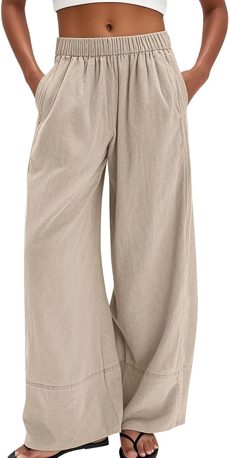 Wide Leg Linen Pants for Women Lightweight Summer Baggy Elastic High Waisted Palazzo Lounge Pants with Pockets