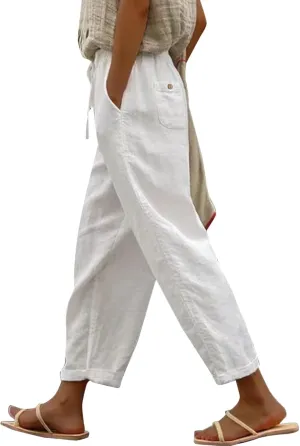 Wide Leg Linen Pants Woman Comfy Linen Pants Waist Trouser Wide Leg Pant with Pocket Fashion Pant Linen Cropped Pants