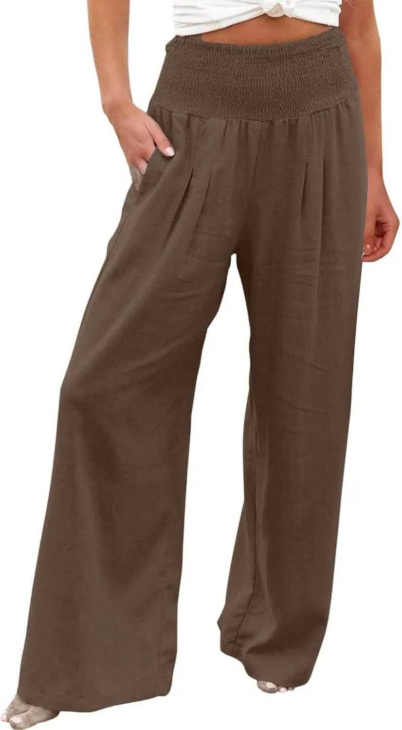 Wide Leg Pants Women Summer Casual Drawstring High Waist Cotton Linen Trousers Resort Wear Beach Trendy Palazzo Pant