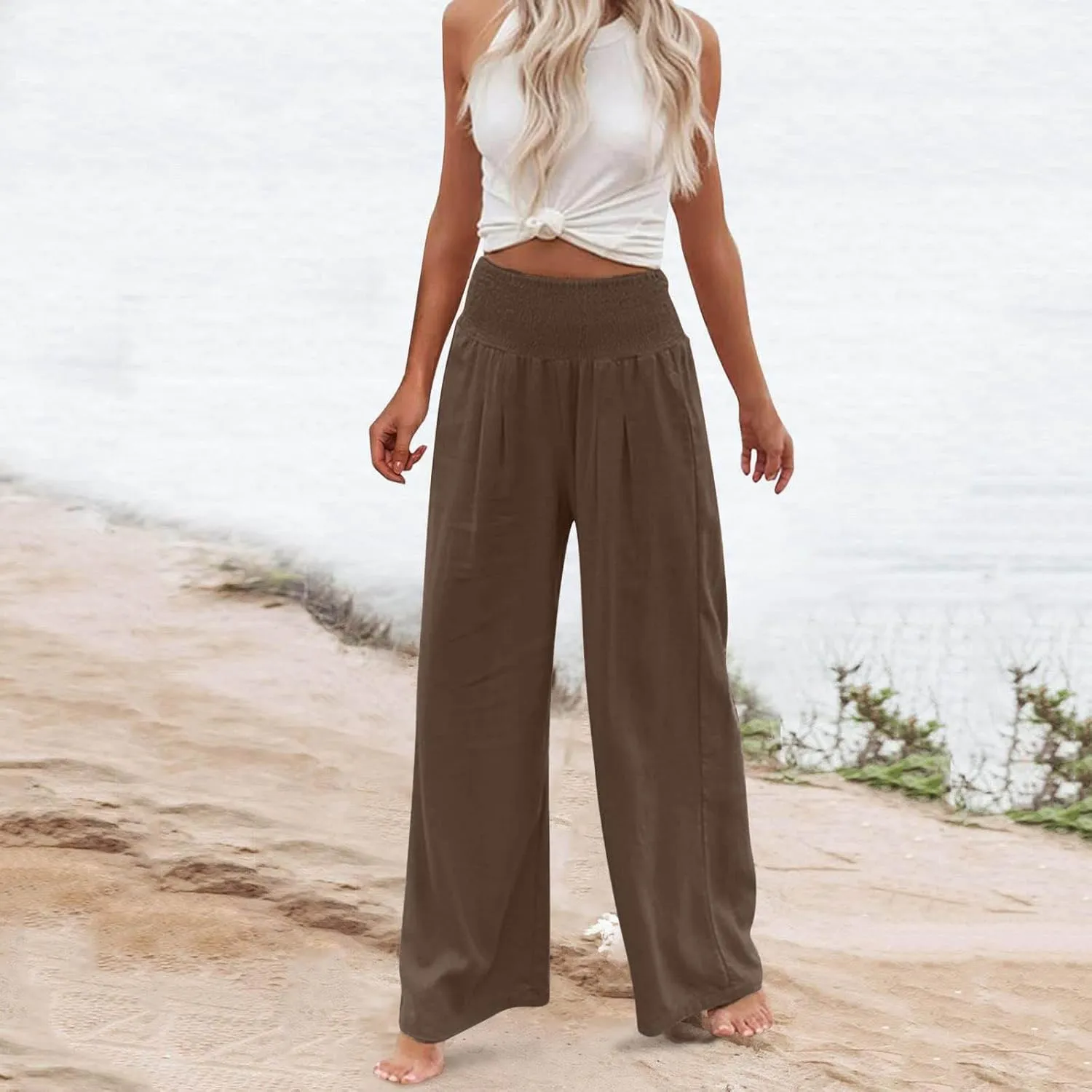 Wide Leg Pants Women Summer Casual Drawstring High Waist Cotton Linen Trousers Resort Wear Beach Trendy Palazzo Pant