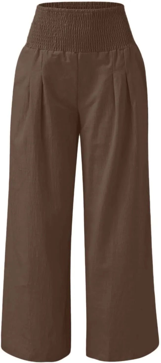 Wide Leg Pants Women Summer Casual Drawstring High Waist Cotton Linen Trousers Resort Wear Beach Trendy Palazzo Pant