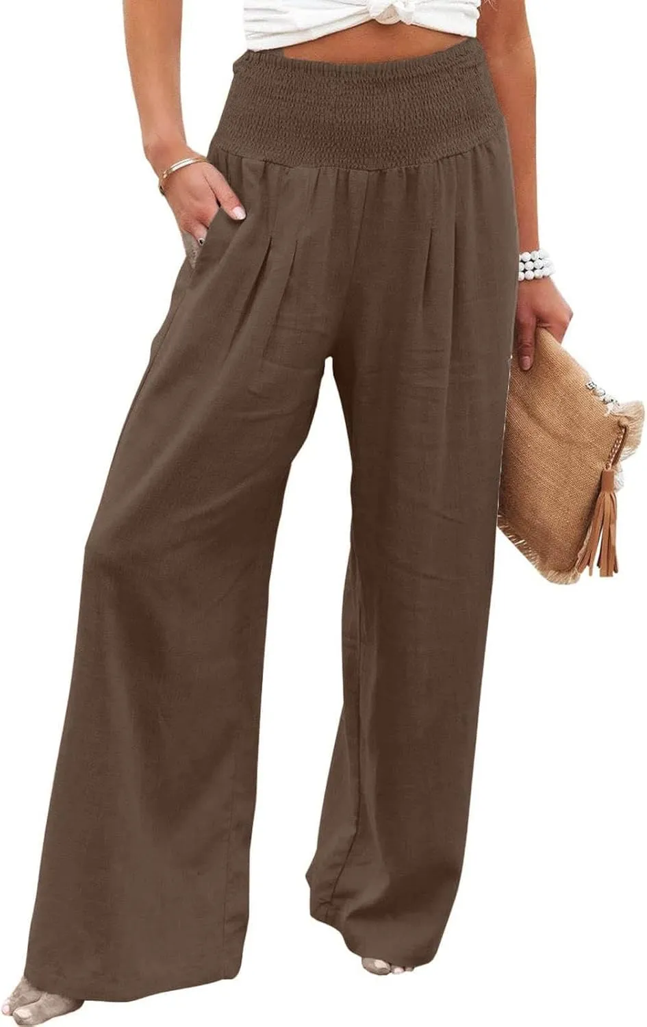 Wide Leg Pants Women Summer Casual Drawstring High Waist Cotton Linen Trousers Resort Wear Beach Trendy Palazzo Pant