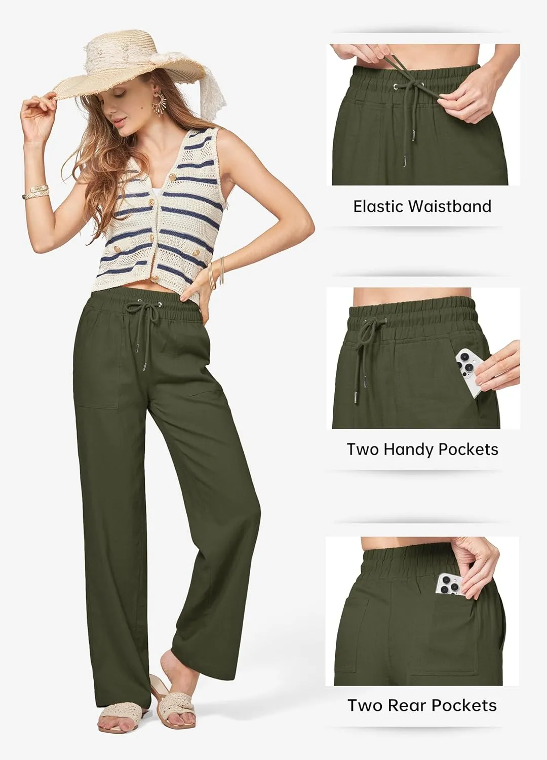 Willit Women Linen Pants Wide Leg Casual Palazzo Pants Cotton Linen Lounge Beach Summer Pants with Pockets 29"/31"/ 33"