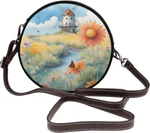 Windmill In The Distance Removable Shoulder Strap Waterproof Leather Shoulder Round Bag Crossbody Bag Travel Shopping Dating Handbag Purse