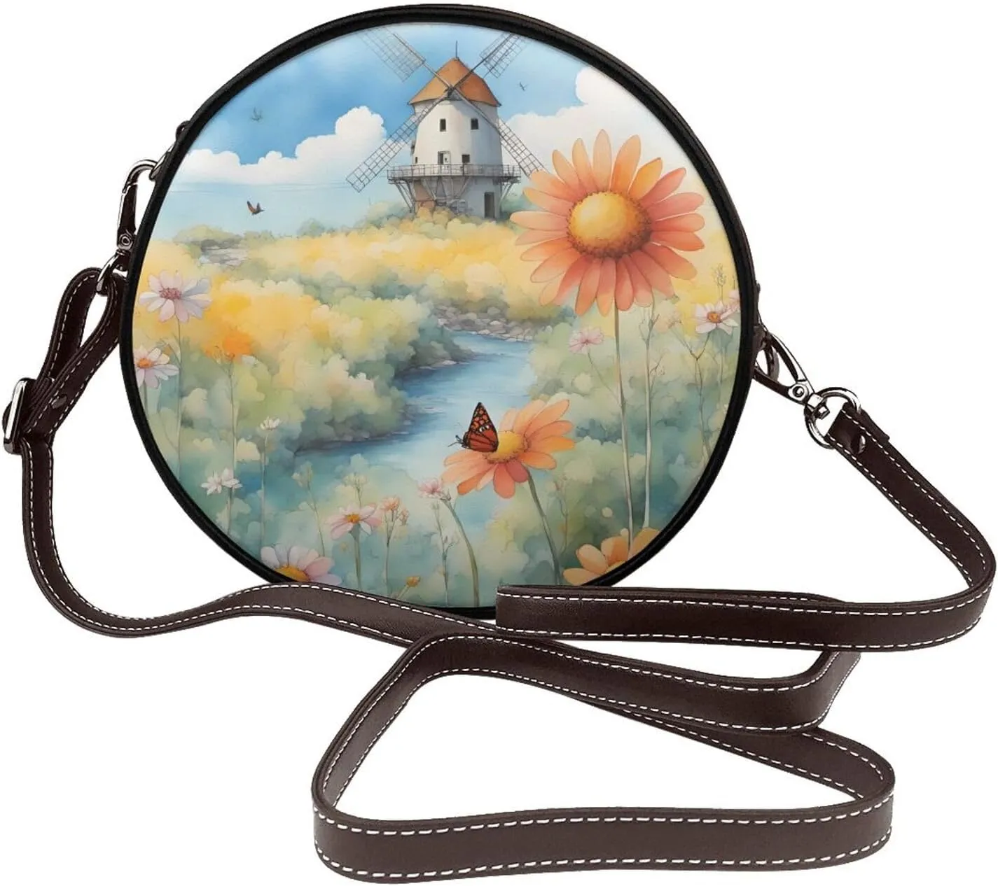 Windmill In The Distance Removable Shoulder Strap Waterproof Leather Shoulder Round Bag Crossbody Bag Travel Shopping Dating Handbag Purse