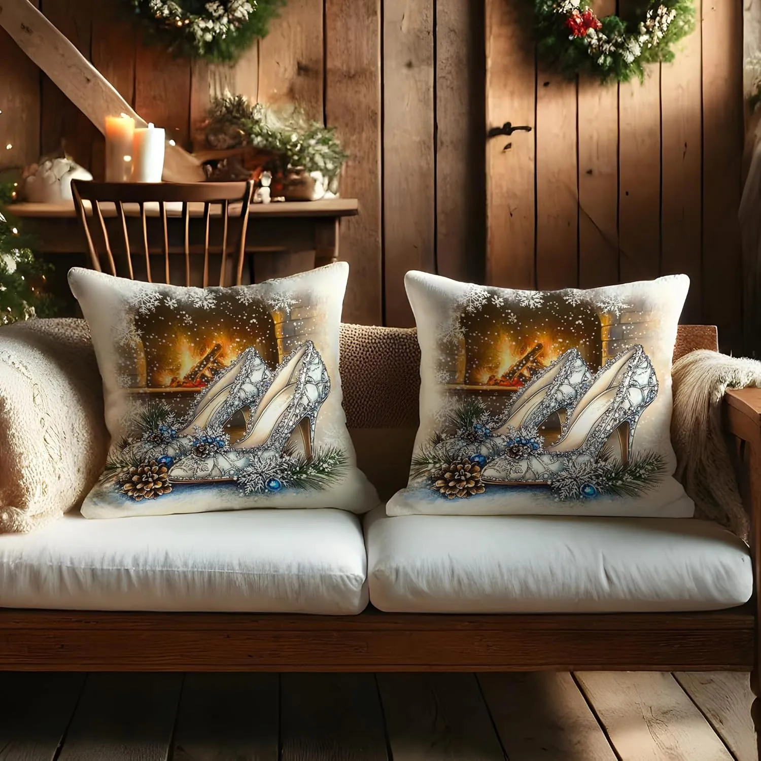 Winter Wonderland High Heel Pillow Covers, Elegant Silver Shoes Decorative Pillow Case, Holiday Festive Xmas Cushion Covers for Home Sofa Living Room Bedroom 18x18 Inch