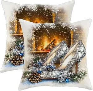 Winter Wonderland High Heel Pillow Covers, Elegant Silver Shoes Decorative Pillow Case, Holiday Festive Xmas Cushion Covers for Home Sofa Living Room Bedroom 18x18 Inch
