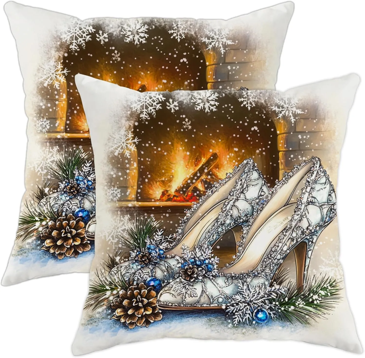 Winter Wonderland High Heel Pillow Covers, Elegant Silver Shoes Decorative Pillow Case, Holiday Festive Xmas Cushion Covers for Home Sofa Living Room Bedroom 18x18 Inch