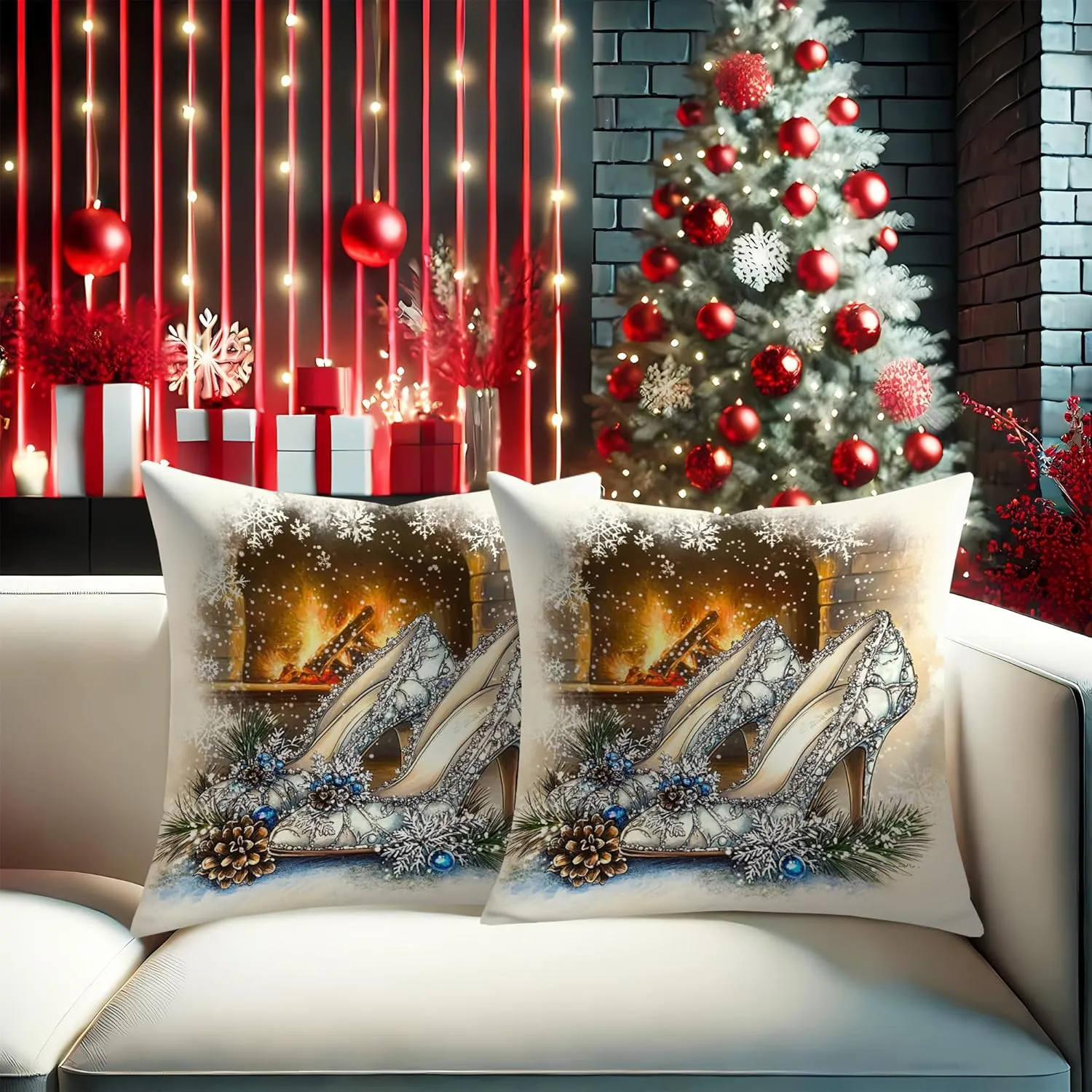 Winter Wonderland High Heel Pillow Covers, Elegant Silver Shoes Decorative Pillow Case, Holiday Festive Xmas Cushion Covers for Home Sofa Living Room Bedroom 18x18 Inch