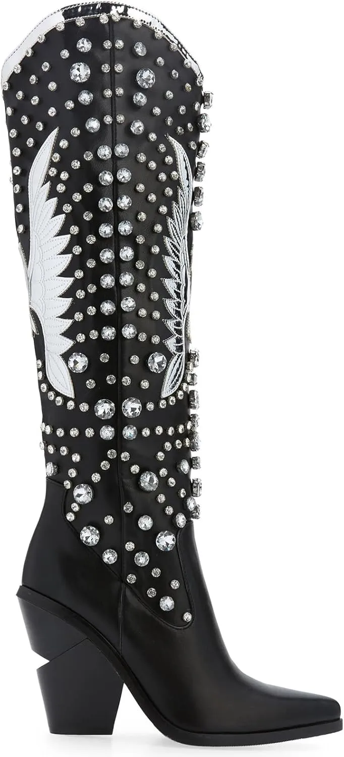 WIRALOMI Rhinestone Cowboy Boots for Women Eagle Parttern Cowgirl Boots Chunky Heel Knee High Western Long Boots