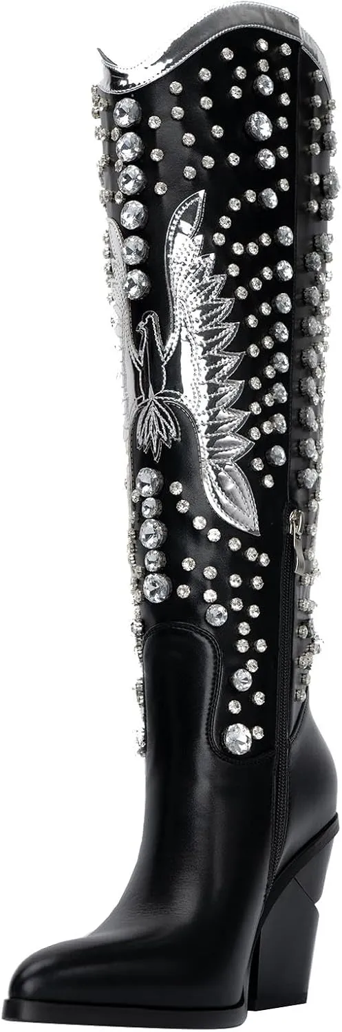 WIRALOMI Rhinestone Cowboy Boots for Women Eagle Parttern Cowgirl Boots Chunky Heel Knee High Western Long Boots