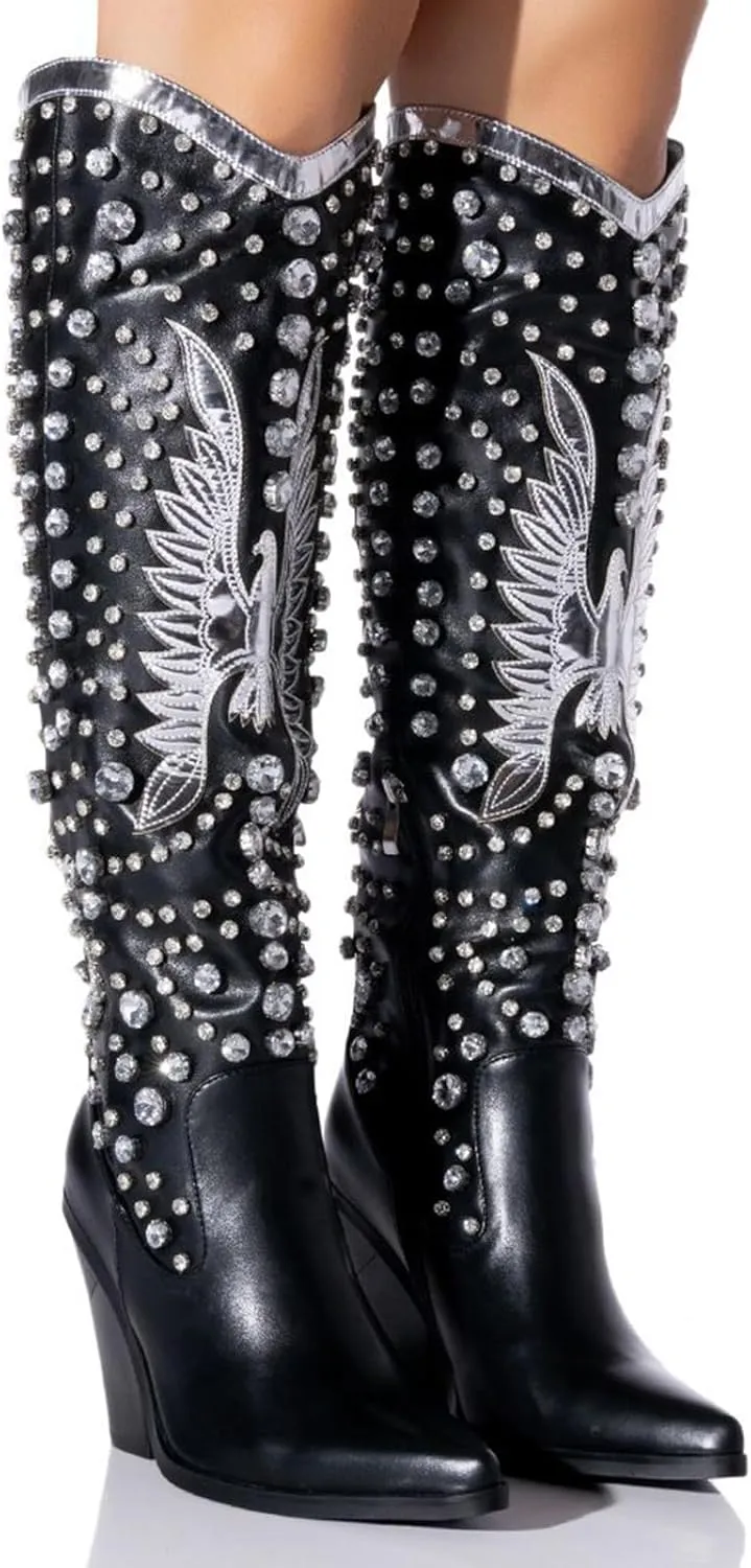 WIRALOMI Rhinestone Cowboy Boots for Women Eagle Parttern Cowgirl Boots Chunky Heel Knee High Western Long Boots