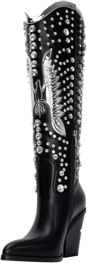 WIRALOMI Rhinestone Cowboy Boots for Women Eagle Parttern Cowgirl Boots Chunky Heel Knee High Western Long Boots