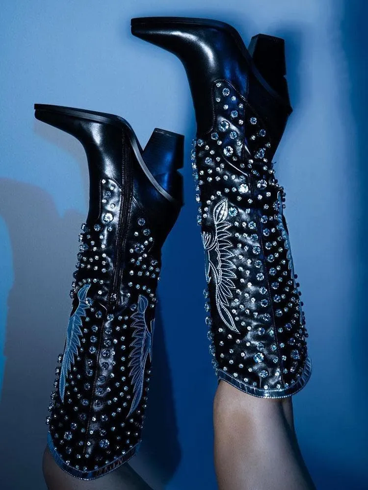 WIRALOMI Rhinestone Cowboy Boots for Women Eagle Parttern Cowgirl Boots Chunky Heel Knee High Western Long Boots