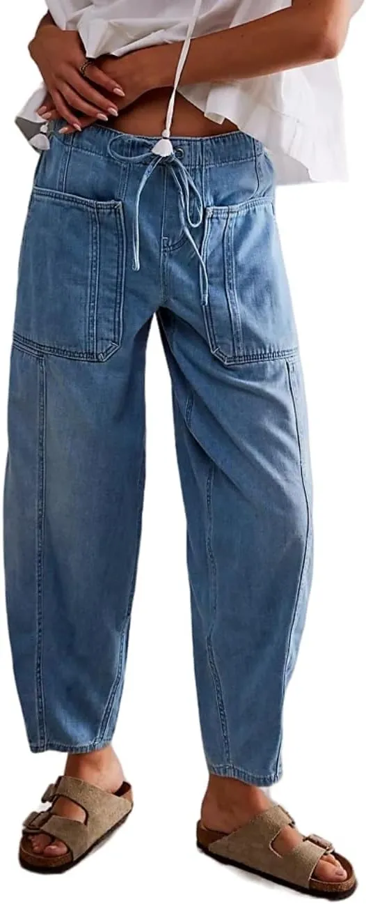 Women Casual Loose Cropped Pants Denim Bloomers Elastic Waist with Pockets