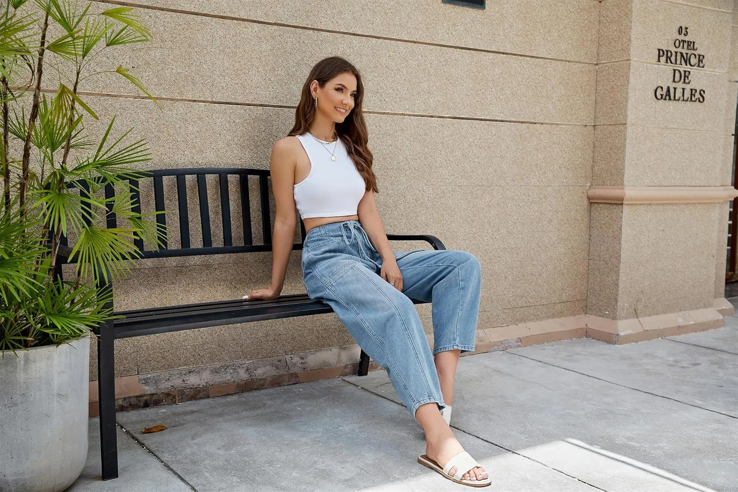 Women Casual Loose Cropped Pants Denim Bloomers Elastic Waist with Pockets