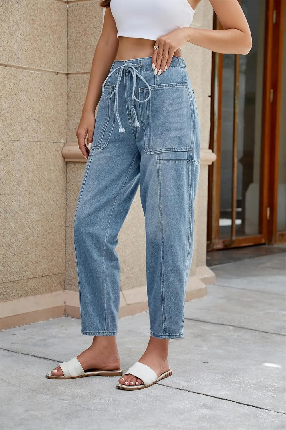 Women Casual Loose Cropped Pants Denim Bloomers Elastic Waist with Pockets