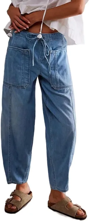 Women Casual Loose Cropped Pants Denim Bloomers Elastic Waist with Pockets