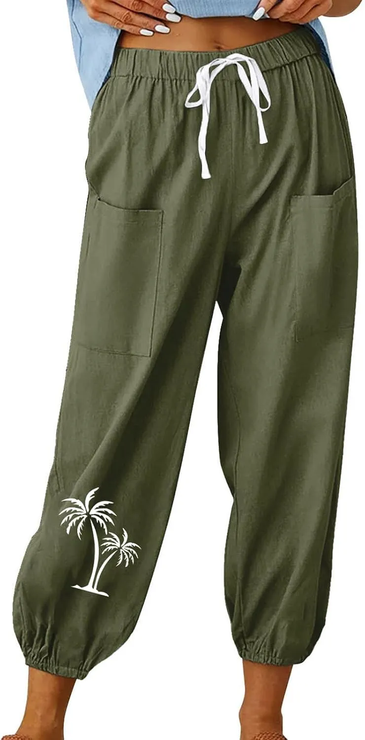 Women Cotton Linen Pants for Summer High Waisted Comfy Loose Casual Pant Trendy Graphic Printed Pants with Pockets