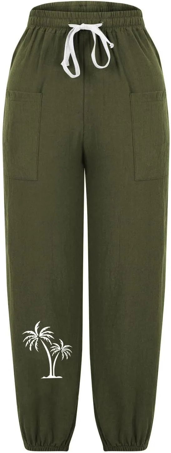 Women Cotton Linen Pants for Summer High Waisted Comfy Loose Casual Pant Trendy Graphic Printed Pants with Pockets