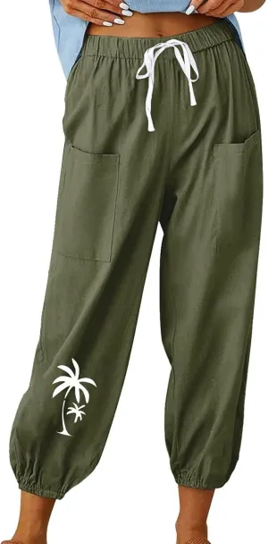 Women Cotton Linen Pants for Summer High Waisted Comfy Loose Casual Pant Trendy Graphic Printed Pants with Pockets
