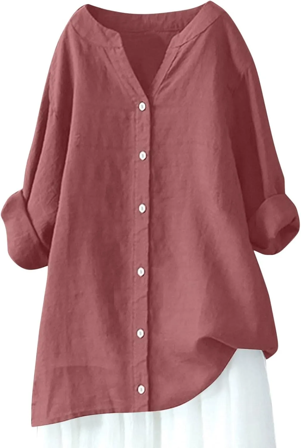 Women Cotton Linen Shirts Roll Up 3/4 Sleeve Summer Tops V Neck Button Down Blouse Loose Fit Casual Gauze Tee Shirt