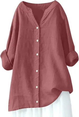 Women Cotton Linen Shirts Roll Up 3/4 Sleeve Summer Tops V Neck Button Down Blouse Loose Fit Casual Gauze Tee Shirt