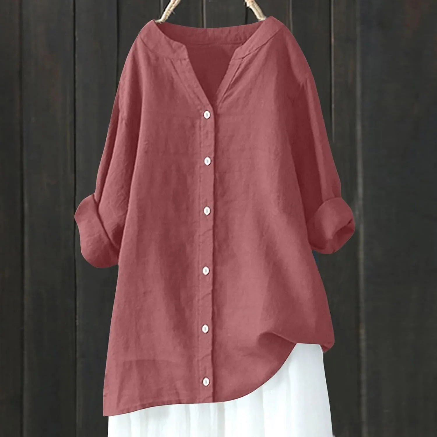 Women Cotton Linen Shirts Roll Up 3/4 Sleeve Summer Tops V Neck Button Down Blouse Loose Fit Casual Gauze Tee Shirt