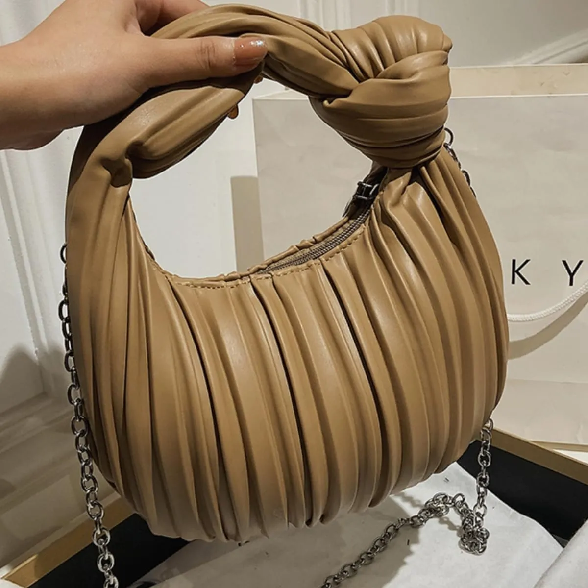 Women Knotted Woven Ruched Handbag Soft Faux Leather Purse Chic Top Handle Bag for Ladies Small Hobo Handbag