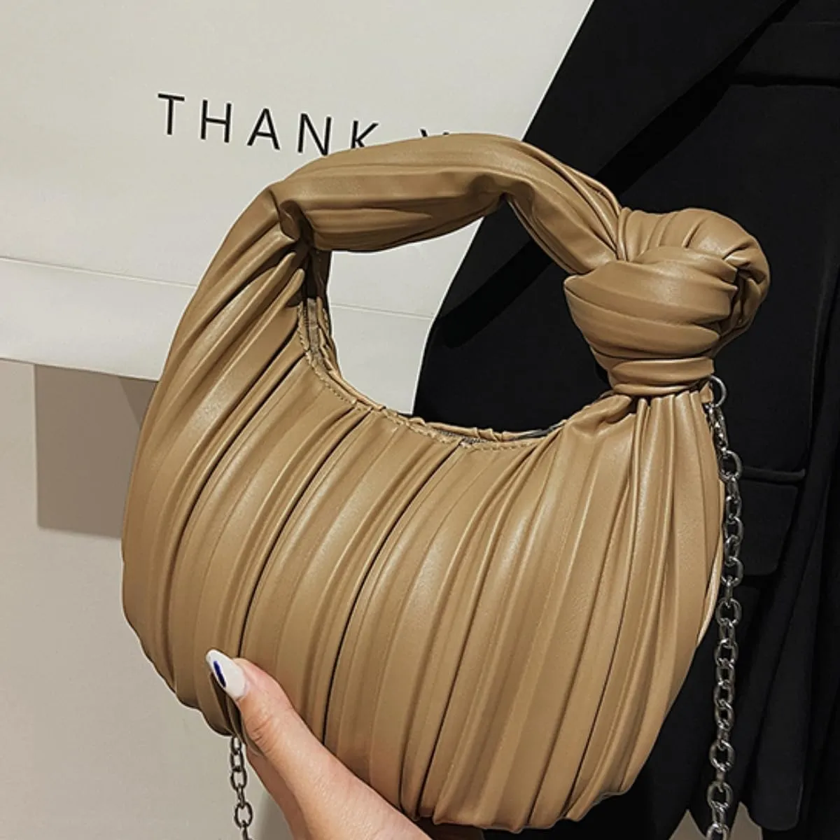Women Knotted Woven Ruched Handbag Soft Faux Leather Purse Chic Top Handle Bag for Ladies Small Hobo Handbag
