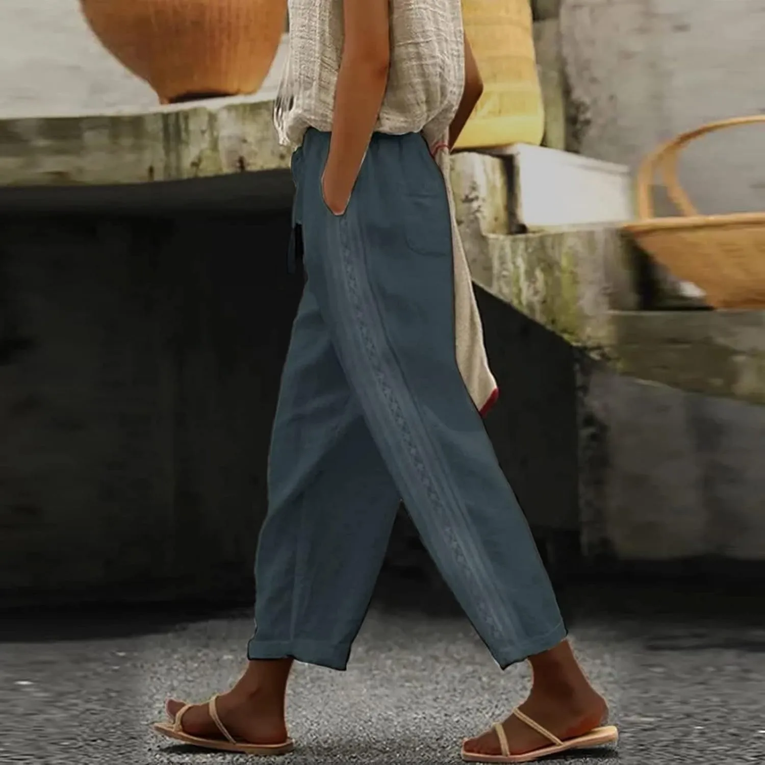 Women Linen Capri Pants Summer Boho with Pockets Wide Leg Cropped Pants for Women Casual Summer Cropped Pants Womens