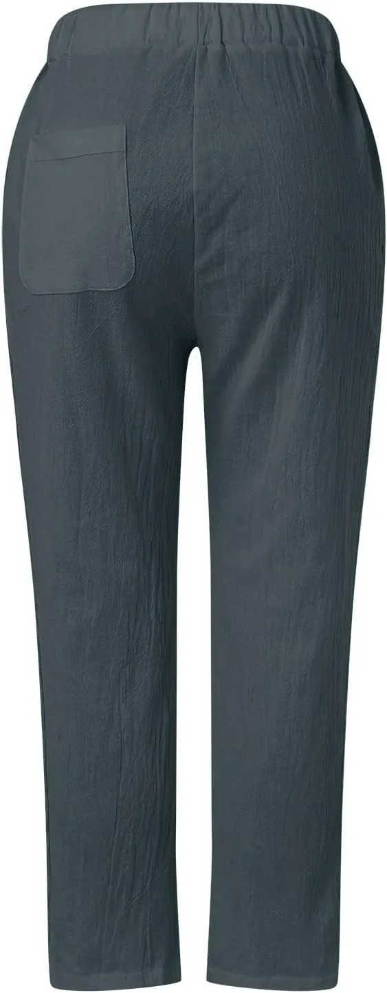 Women Linen Capri Pants Summer Boho with Pockets Wide Leg Cropped Pants for Women Casual Summer Cropped Pants Womens