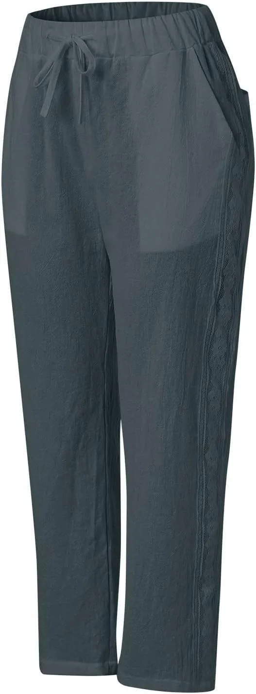 Women Linen Capri Pants Summer Boho with Pockets Wide Leg Cropped Pants for Women Casual Summer Cropped Pants Womens