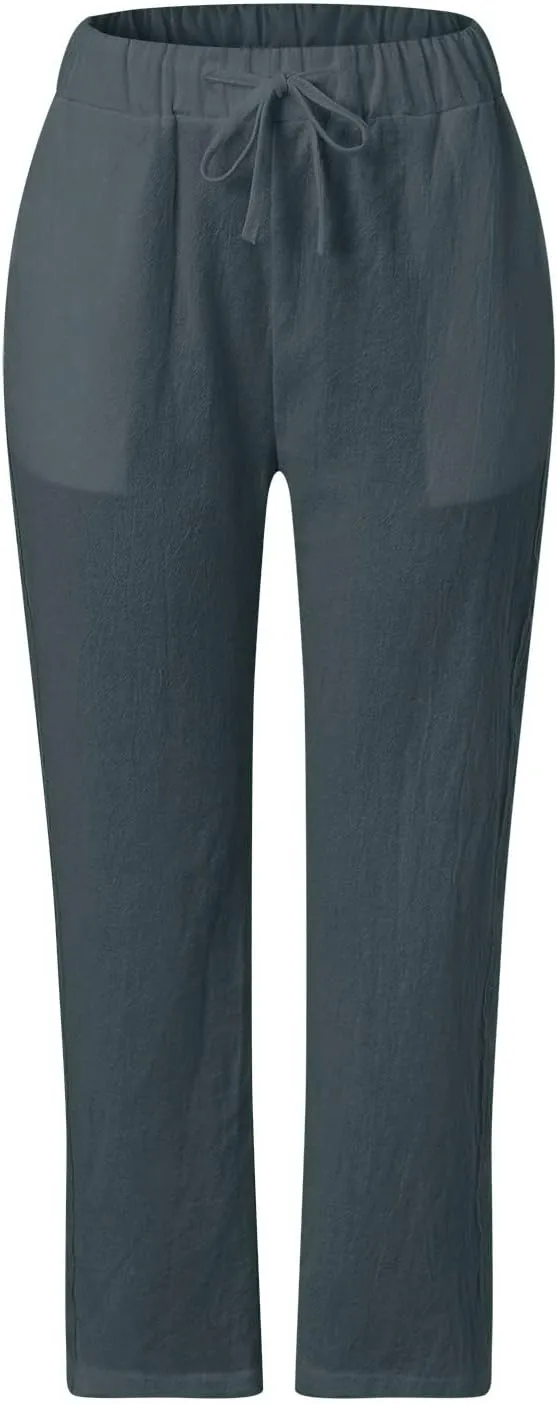Women Linen Capri Pants Summer Boho with Pockets Wide Leg Cropped Pants for Women Casual Summer Cropped Pants Womens