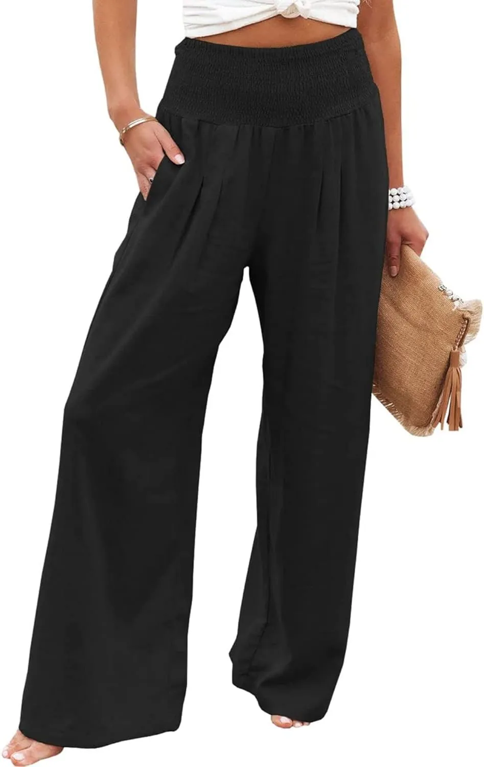 Women Linen Palazzo Pants High Waist Pant Wide Leg Flowy Pants Beach Vacation Clothes Casual Lounge Outfits