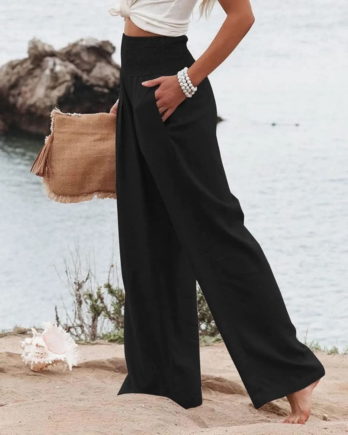 Women Linen Palazzo Pants High Waist Pant Wide Leg Flowy Pants Beach Vacation Clothes Casual Lounge Outfits